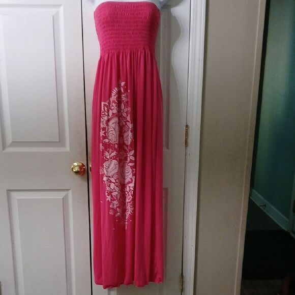 Smocked top pinkish mauve floral print maxi strapless dress Sz M EUC - Picture 1 of 8